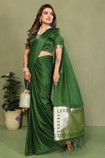 Green zari weaving work satin silk saree with blouse