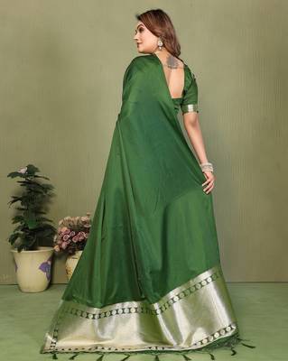 Green zari weaving work satin silk saree with blouse 4