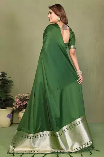 Green zari weaving work satin silk saree with blouse