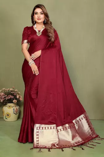 Maroon zari weaving work satin silk saree with blouse
