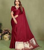 Maroon zari weaving work satin silk saree with blouse