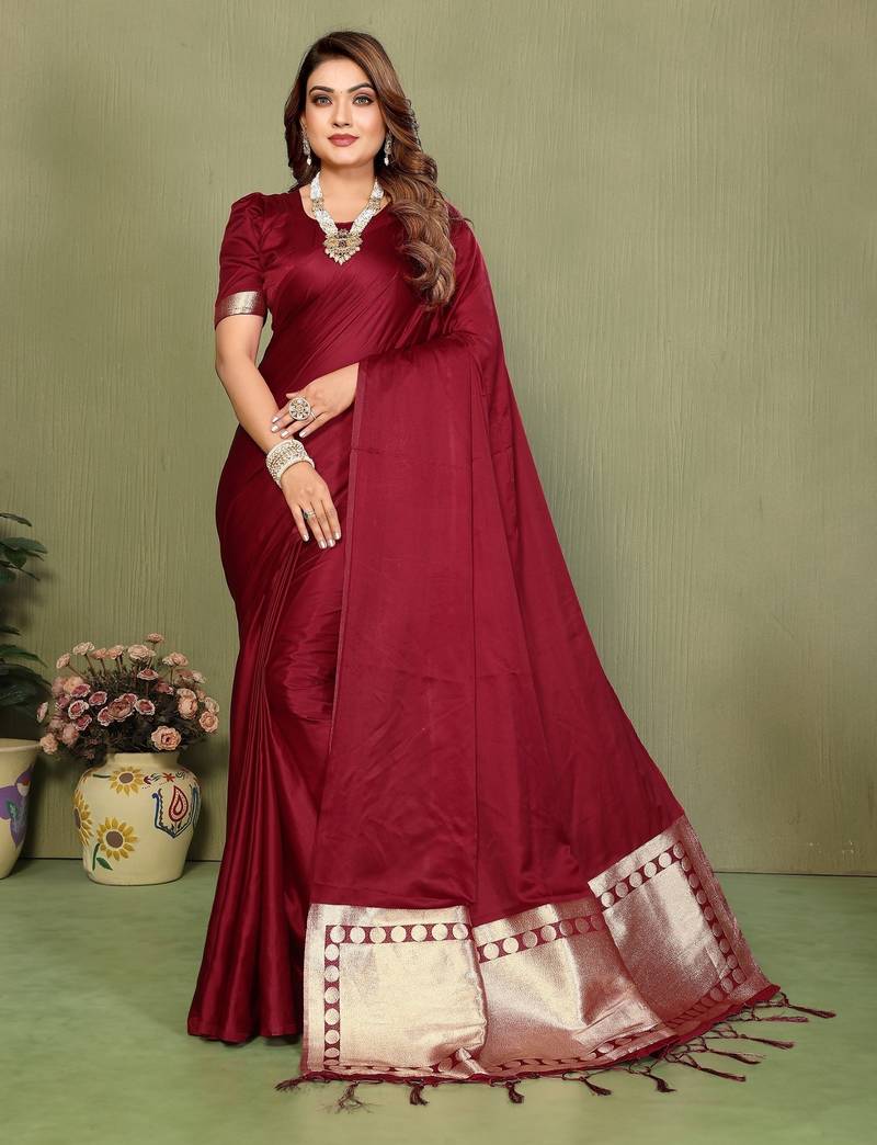 Maroon zari weaving work satin silk saree with blouse