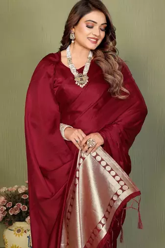 Maroon zari weaving work satin silk saree with blouse