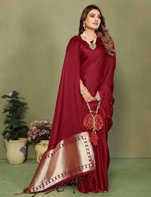 Maroon zari weaving work satin silk saree with blouse 3