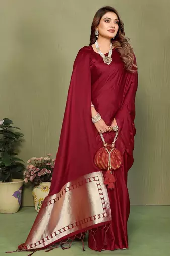 Maroon zari weaving work satin silk saree with blouse