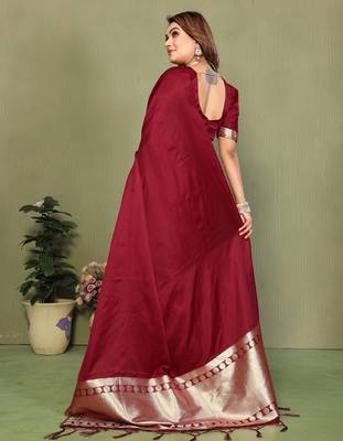 Maroon zari weaving work satin silk saree with blouse 4