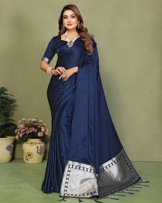 Navy zari weaving work satin silk saree with blouse 1