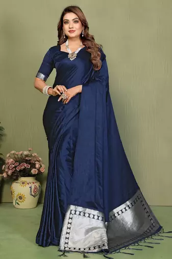 Navy zari weaving work satin silk saree with blouse