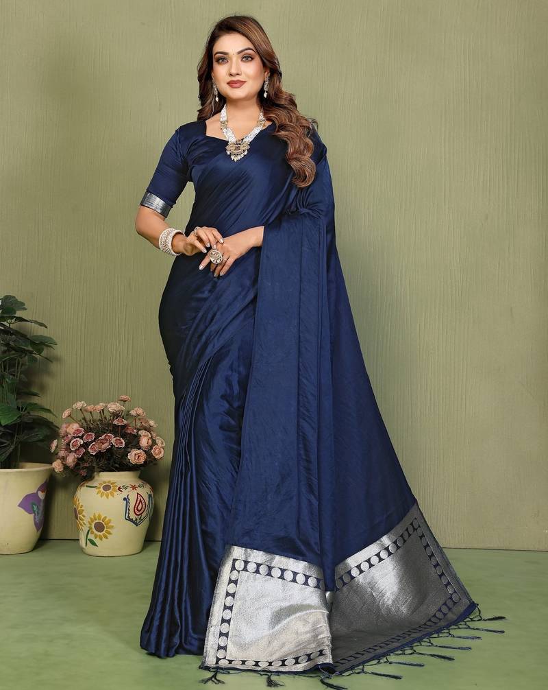 Navy zari weaving work satin silk saree with blouse