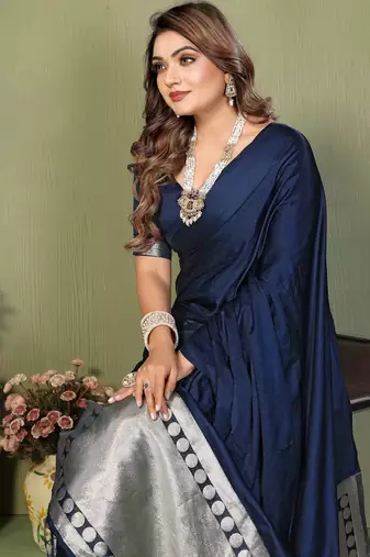 Navy zari weaving work satin silk saree with blouse