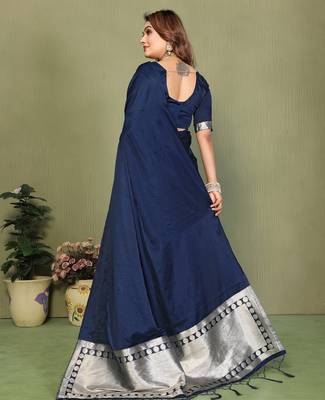 Navy zari weaving work satin silk saree with blouse 3
