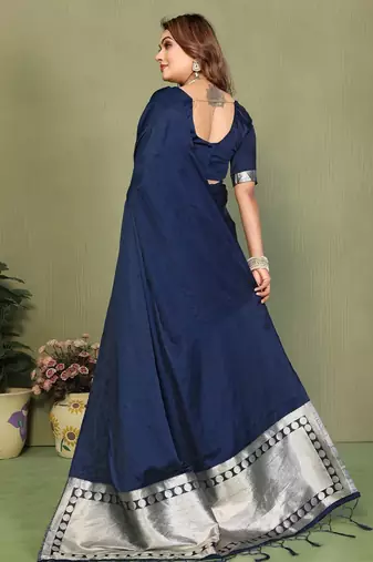 Navy zari weaving work satin silk saree with blouse