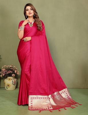 Pink zari weaving work satin silk saree with blouse 1