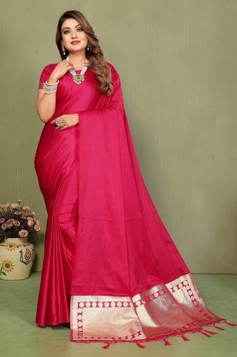 Pink zari weaving work satin silk saree with blouse