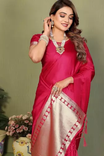 Pink zari weaving work satin silk saree with blouse