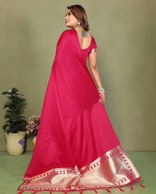Pink zari weaving work satin silk saree with blouse 3