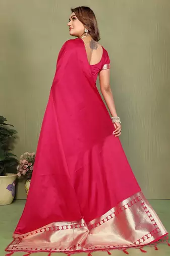 Pink zari weaving work satin silk saree with blouse