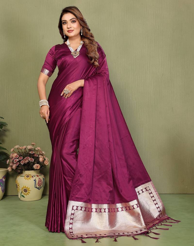 Purple zari weaving work satin silk saree with blouse