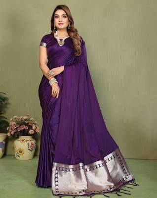 Violet zari weaving work satin silk saree with blouse 1