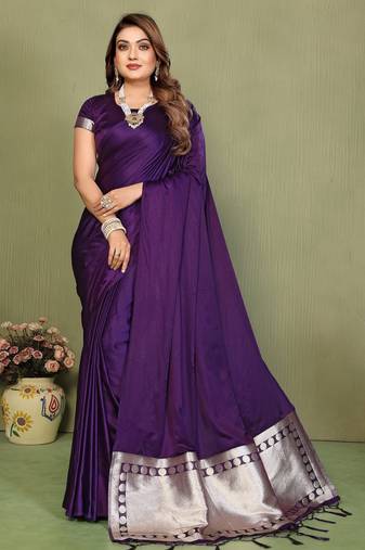 Violet zari weaving work satin silk saree with blouse