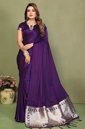 Violet zari weaving work satin silk saree with blouse