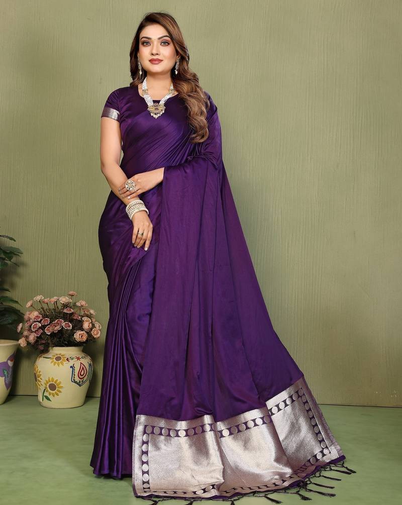 Violet zari weaving work satin silk saree with blouse