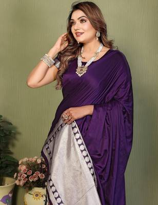 Violet zari weaving work satin silk saree with blouse 2