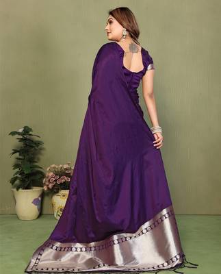 Violet zari weaving work satin silk saree with blouse 3