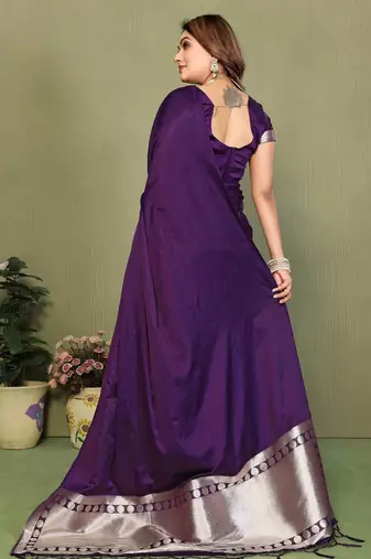 Violet zari weaving work satin silk saree with blouse