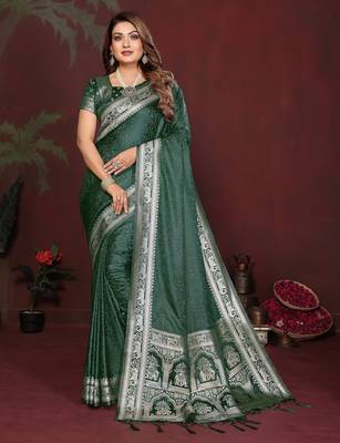 Dark green zari weaving work satin silk saree with blouse 1