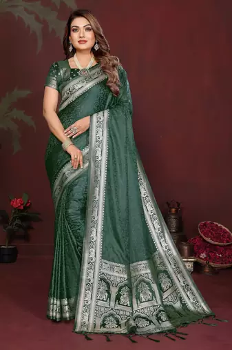 D green zari weaving work satin silk saree with blouse