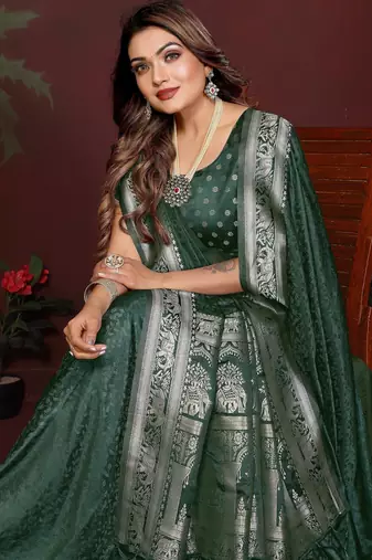 Dark green zari weaving work satin silk saree with blouse