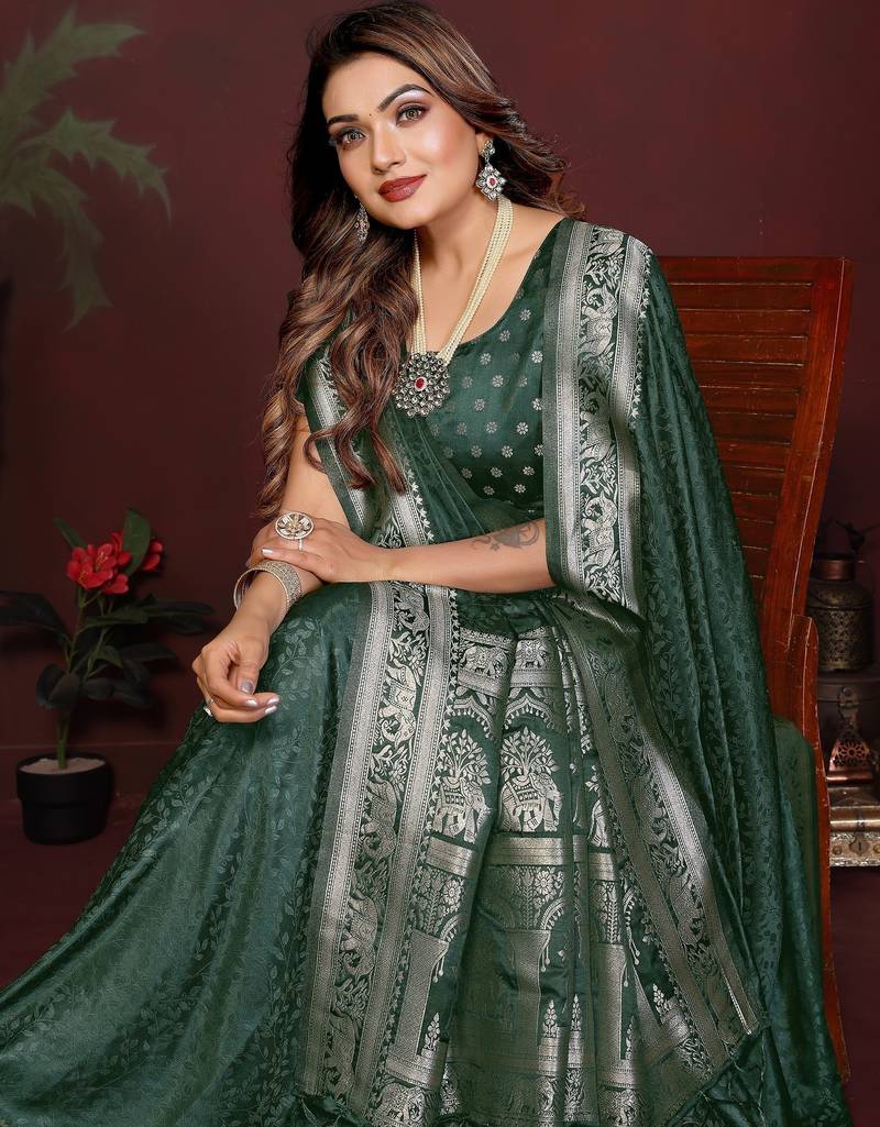 D green zari weaving work satin silk saree with blouse