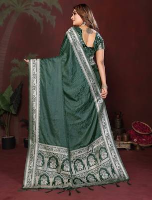 Dark green zari weaving work satin silk saree with blouse 3