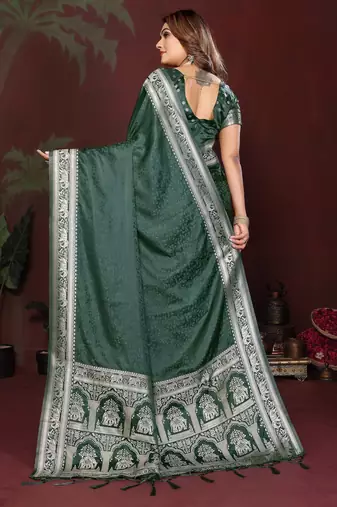 Dark green zari weaving work satin silk saree with blouse