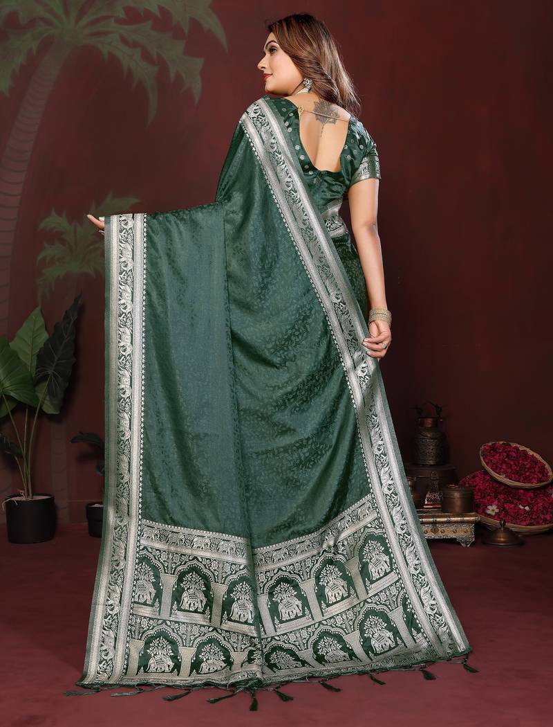 D green zari weaving work satin silk saree with blouse