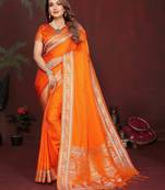 Mustard zari weaving work satin silk saree with blouse