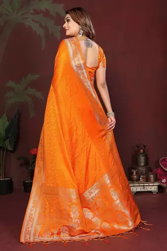 Mustard zari weaving work satin silk saree with blouse