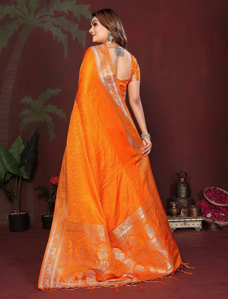Mustard zari weaving work satin silk saree with blouse