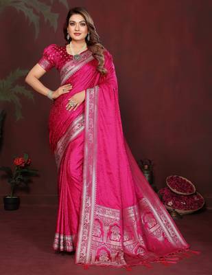 Pink zari weaving work satin silk saree with blouse 1