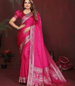 Pink zari weaving work satin silk saree with blouse