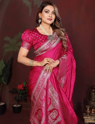 Pink zari weaving work satin silk saree with blouse 2