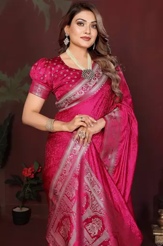 Pink zari weaving work satin silk saree with blouse