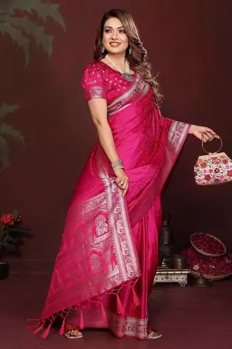 Pink zari weaving work satin silk saree with blouse