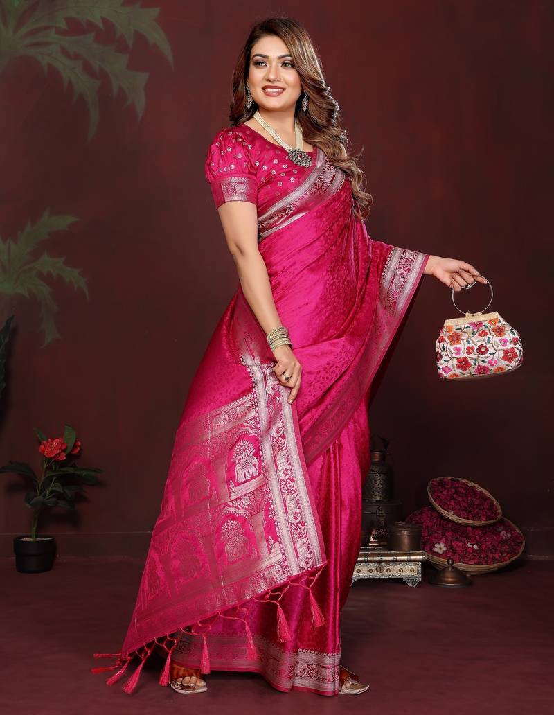 Pink zari weaving work satin silk saree with blouse