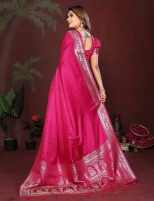 Pink zari weaving work satin silk saree with blouse 4