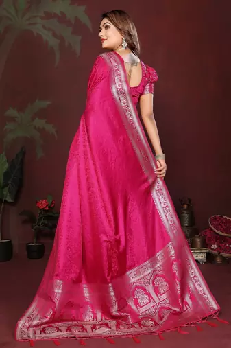 Pink zari weaving work satin silk saree with blouse