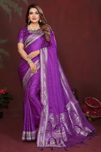 Purple zari weaving work satin silk saree with blouse