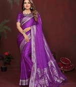 Purple zari weaving work satin silk saree with blouse