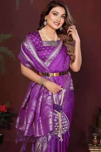 Purple zari weaving work satin silk saree with blouse